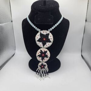 Vintage 70s Leather Backed Native Made Seed Bead Necklace